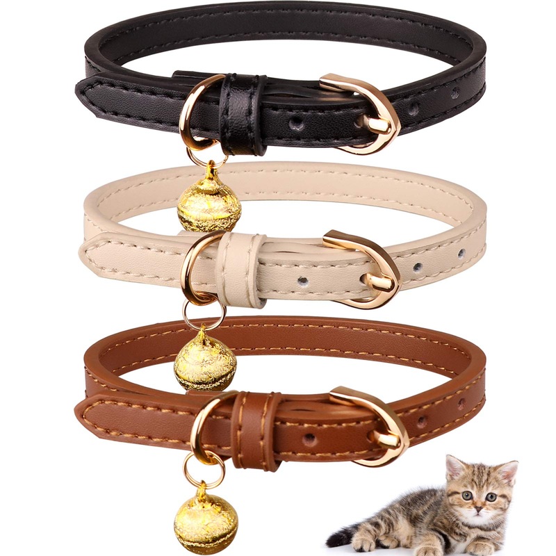 3 Pack Leather Cat Collars with Bells Soft Pet Safety Collar Kitten Collars with Bell Black Chocolate Beige(S) S: 8.6″-10.6″ Black+Chocolate+Beige