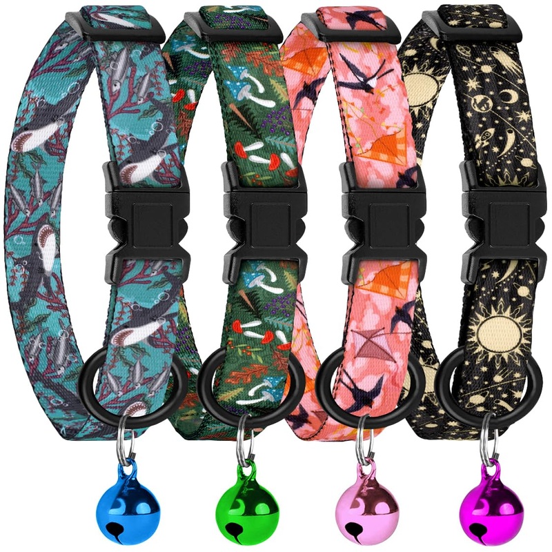 4PCS Breakaway Cat Collars with Bell, Cute Kitty Adjustable Safe Kitten Collars, 4-Pack, Nylon Pet Collars Space Mushrooms Shark Birds Print (Nature) Nature