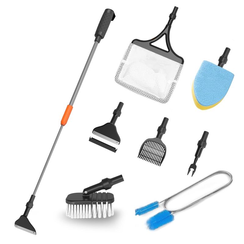 7-in-1 Aquarium Cleaning Tool, Fish Tank Cleaner with Telescopic Handle,Aquarium Scraper,Adjustable Angle Brush,Gravel Rake,Plant Fork,Adjustable Angle Flat Sponge,Large Fish Net,Hose Brush