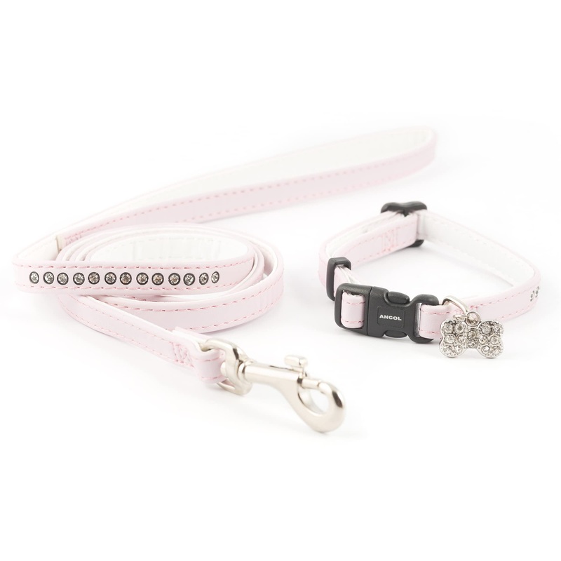 Ancol Small Bite Jewel Collar (Adjusts 20-30 cm) and Lead ( 1m x 10 mm) Set Pink Baby Pink