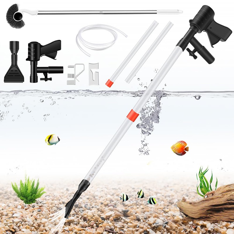 Aquarium Gravel Cleaner, Quick Water Changer, Gravel Vacuum for Aquarium with Air-Pressing Button, Fish Tank Vacuum Gravel Cleaner Kit for Water Changing Sand Washing with Fish Tank Cleaning Brush Black / Clear
