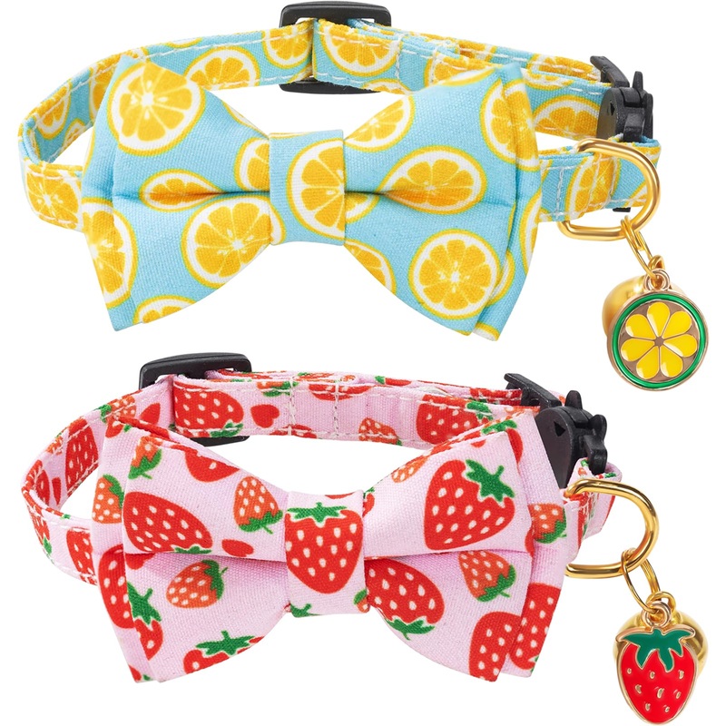 Breakaway Cat Collar with Cute Bow Tie Bell 2Pack Lemon Strawberry Cat Collar for Male Female Soft Cotton Kitty Kitten Collar Cute Cat Collar Ideal for Girl Cats Boy Male Cats Lemon & Strawberry