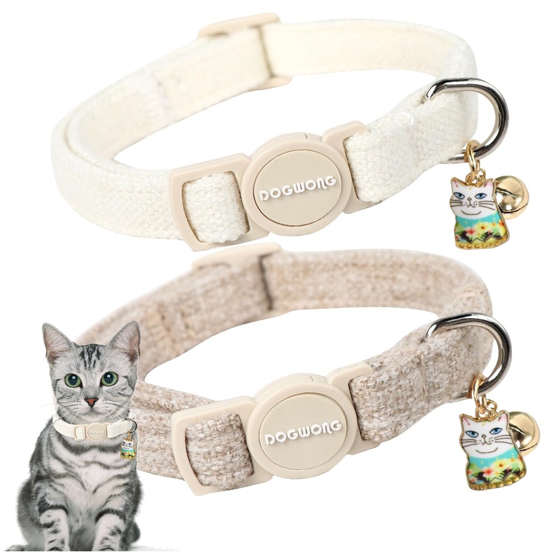 Cat Collar,2 Pack White Hemp Cat Collars Breakaway with Bell, DOGWONG Safety Buckle Wedding Cat Collar for Girl Boy Cats and Small DogsAdjustable 7-12 Inch,Pet Supplies Accessories Khaki