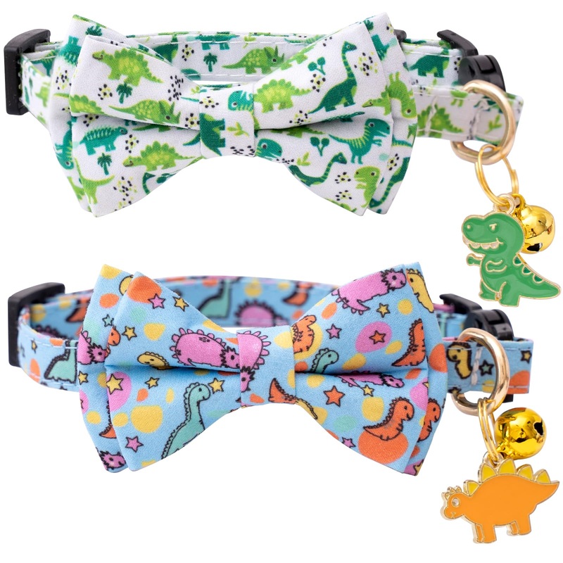 Faygarsle 2 Pack Cat collar with Bell Breakaway Bowtie for Male Female Cats Soft Fancy Blue Green Dinosaurs Pattern Spring Summer Cat Collar for Boy Girl Cats