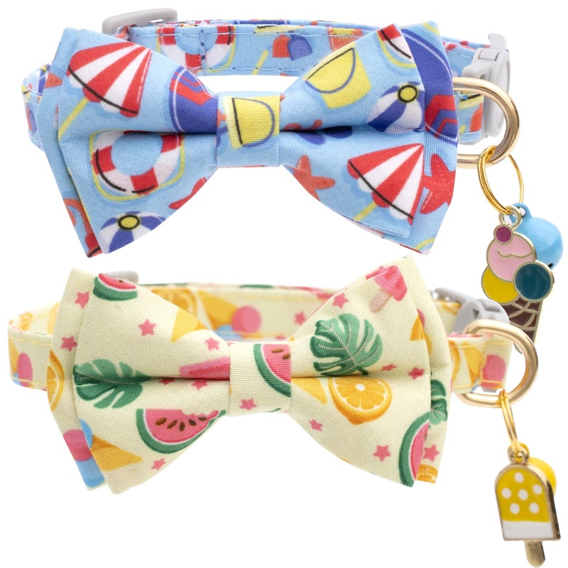 Faygarsle 2 Pack Cute Cat Collar with Bell Breakaway Bowtie Cat Collar for Male Female Cats Soft Fancy Blue Yellow Cat Collar with Ice Cream Sea Pattern Summer Cat Collar for Boy Girl Cats Beach&Sea