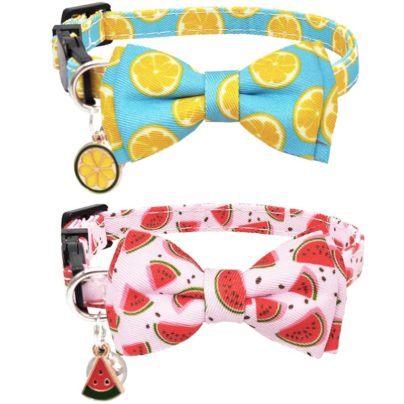 Fruit Cat Collar with Bow Tie Bell and Pendants Breakaway Adjustable Kitten Collars for Spring Summer Watermelon and Lemon Pattern Pink & Blue