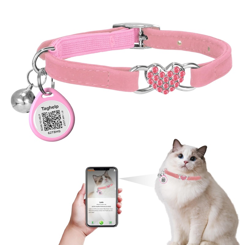 Heart Bling Cat Collar with Safety Belt and Bell Adjustable 8-13 inches for Kitten,Personalized Cat Collar with QR Code Smart ID tag, Pet Name and Phone Number on line,NO app (Pink) pink