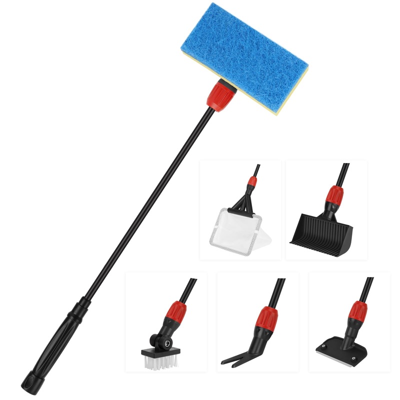hygger Multi-Use Fish Tank Cleaning Tools Kit, 6 in 1 Aquarium Clean Set with Long Handle Blade Scraper Sponge Scrubber Firm Scrub Brush Fish Net Gravel Rake for Acrylic & Glass Tank S(17.7″ long handle)