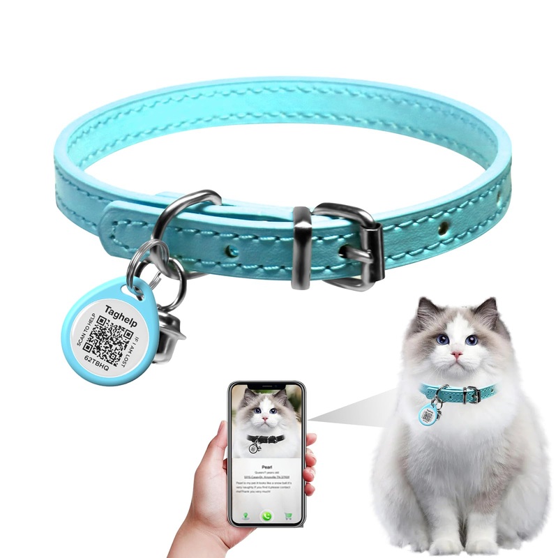 Leather Cat Collar with Bells Non GPS Kitten QR Tag for Girl Boy,Pet Tag | Easy-to-use tag with QR Code | Real-time scan alerts | Shareable Pet Profile | No APP (Blue, 8″ – 11″ Cats/Mini Dogs) 8 – 11 inch (for adult cat) Blue