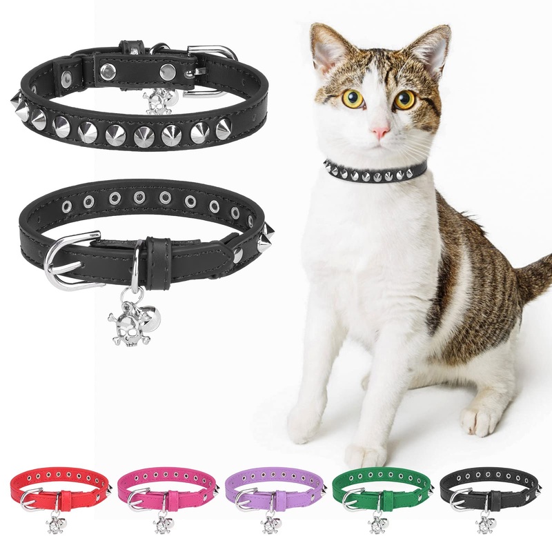 Leather Cat Collars for Boy Girl Cats with Bell and Safety Elastic Belt, Personalized Rivets Stud Adjustable Safe Buckle Collar with Skull Charm for Kitty Small Pets, Black 8″-12″ Cats / Mini Dogs(Pack of 1) Black_Studded