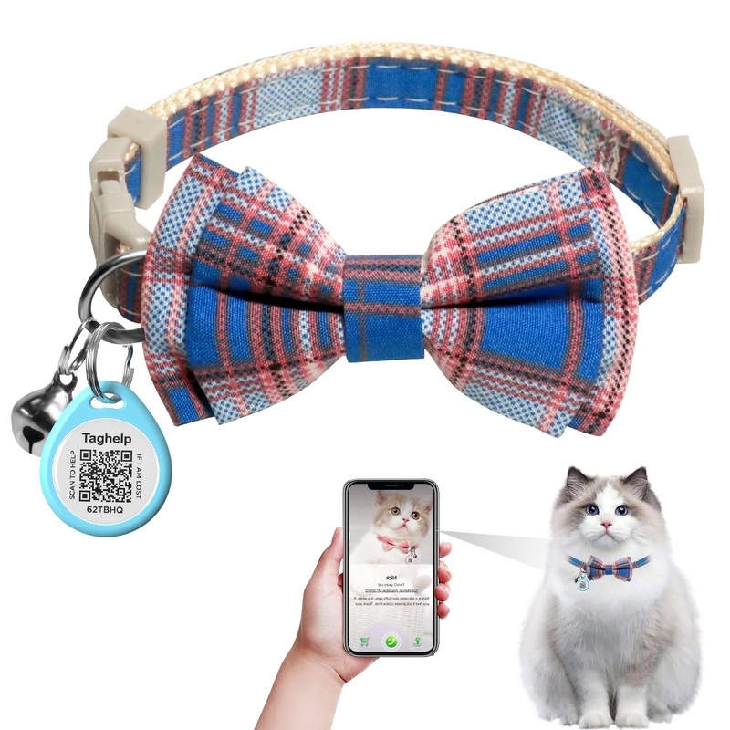 Personalized Cat Collar with QR Code Name Smart ID tag,Cute Bow Bell – GPS -Kitten Plaid with Removable Bowtie Cat Collar for Cats Kittens,Quick Release Buckles (Blue) Blue