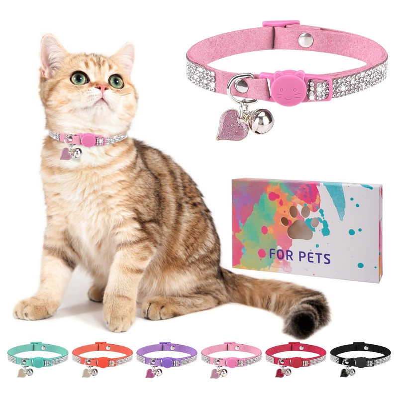 Rhinestone Cat Collar Breakaway with Bell, Diamond Cat Collar with Safety Buckle Quick Release for Girl Boy Kitten Pets Puppy,Cute Soft Female Male Cat Collars,Valentine’s Day Pink 8-12″ 8″-12″ Cats / Mini Dogs