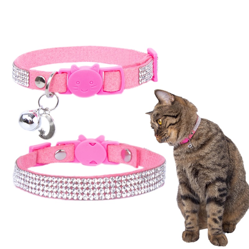 Rhinestone Cat Collar Breakaway with Bell Safety Buckle, Adjustable Diamond Girl Kitty Collar Quick Release for Kitten Tiny Little Pets, 6″-9″ Pink Extra Small XS, adjustable range 6″-9″ Pink, Pack of 1