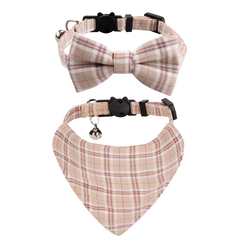 Upgraded Breakaway Cat Collar with Bow Tie and Bell, Cat Collars with Bandana, 2 Pack Adjustable Cute Plaid Cotton Kitten Collar for Male and Female Cats and Small Dogs, Pink