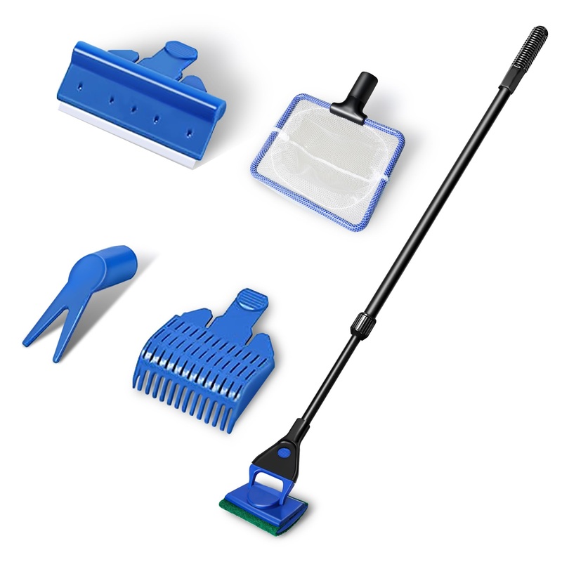 Wonderfactory5 in 1 Aquarium Cleaning Tool Kit, Kit Fish Tank Cleaning Kit for 1-5 Gallon Tank with Fish Tank Brush, Scrubber Pads, Fish net, Gravel Rake, Water Plant Clip