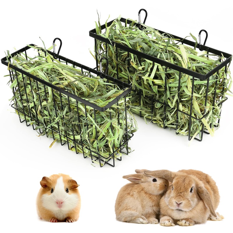 2PCS Rabbit Hay Feeder Guinea Pig Hay Feeder with Heavy Duty Metal Frame hay Rack Pet grass feeder Small animal basket with hook Metal feeding rack for rabbits Guinea pigs Chinchillas Timothy Dark black
