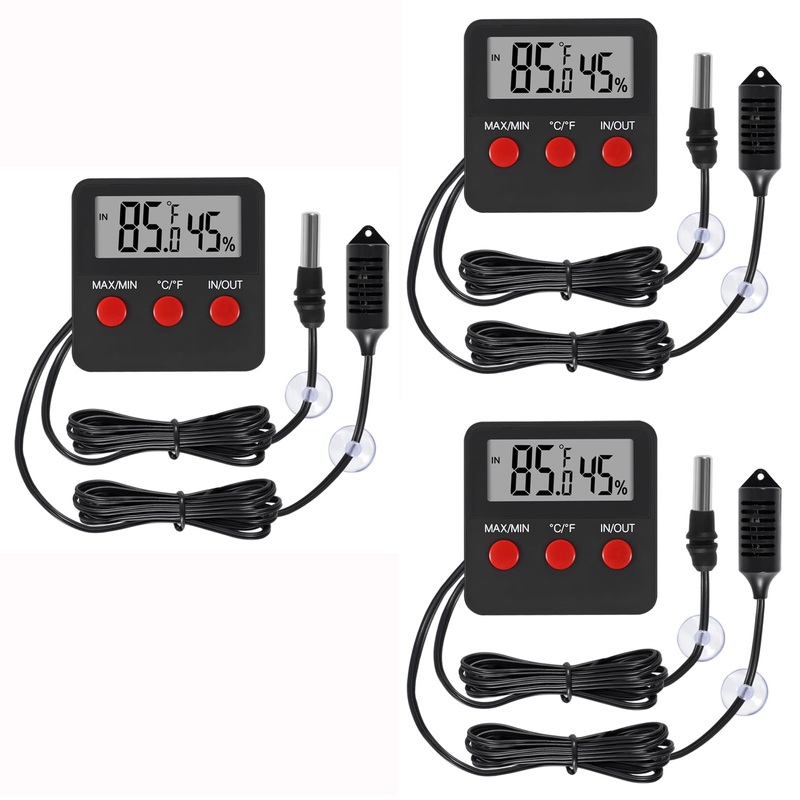 3Pcs Digital Thermometer and Humidity Thermometers Indoor and Outdoor Digital Temperature and Hygrometer Gauge with Probe for Reptile Terrarium Thermometer Pet Keeping 3PCS