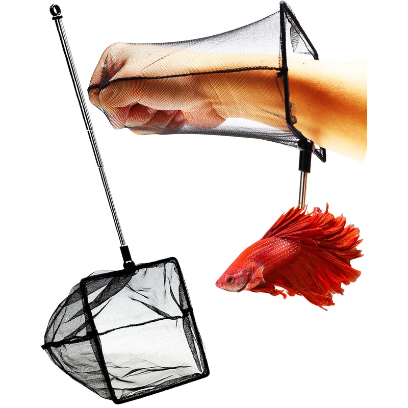 Aquarium Betta Fish Net Protect Delicate Fin, Soft Fine Deep Mesh Scooper w/Sturdy Extendable 7~14 Inch Stainless Steel Long Handle for Shrimp Fish Tank Small Pond & Pool 5 Inch aquarium net
