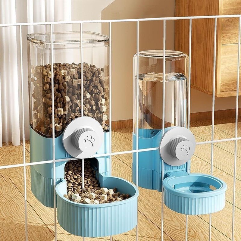 BNOSDM 41oz Automatic Rabbit Feeders for Cages Gravity Cat Food Dispenser, Hanging Bunny Feeder Water Dispenser Set, Pet Feeding Station for Guinea Pigs Ferrets Chinchillas (Blue) Blue Feeder + Water Bottle