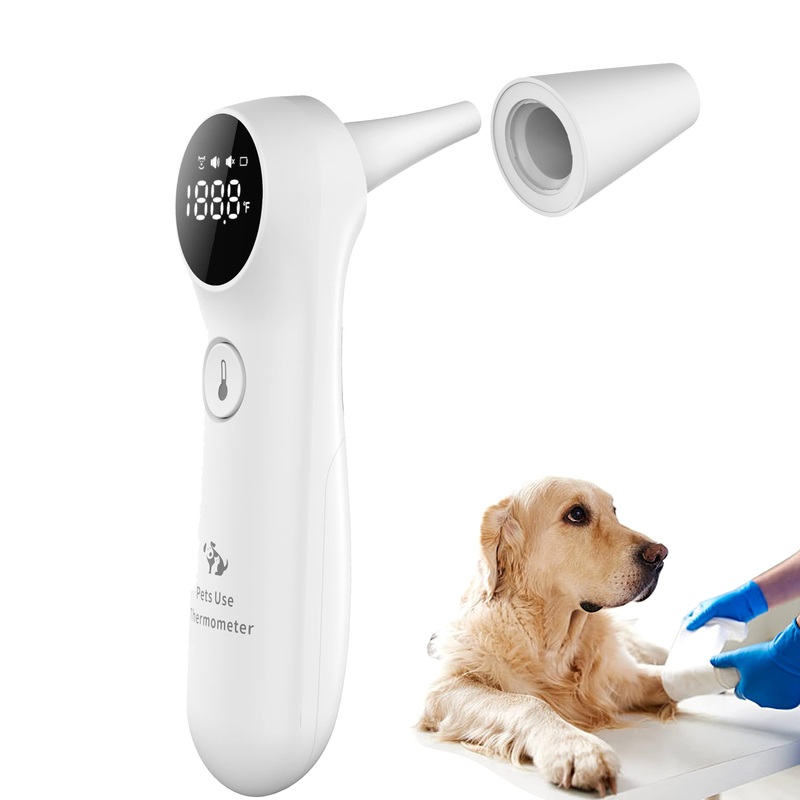 Dog Ear Temperature Monitor, Long Probe for Pets Ear Canal Only, Measure Dog Temperature in 1 second, Voice On/Off Switchable, C/F Switchable (White) White