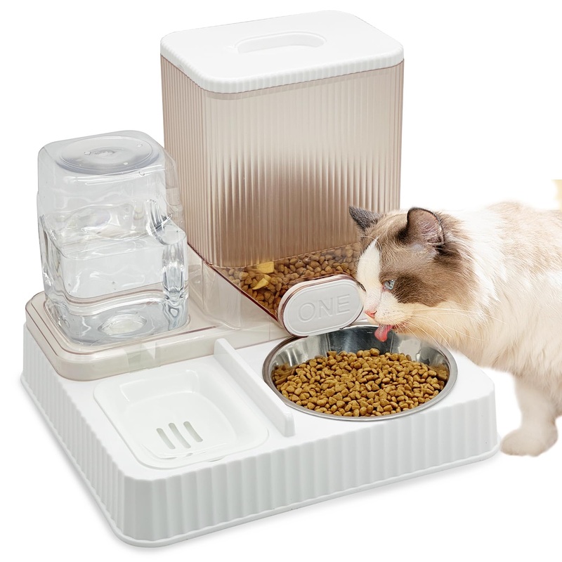 Fhiny Gravity Cat Feeder & Water Dispenser, 2 in 1 Automatic Puppy Waterer Removable Stainless Steel Food Bowls Set Self Feeding Pet Food Storage for Cat Kitten Puppy Easy Clean (White) Style E White-Metal Bowl