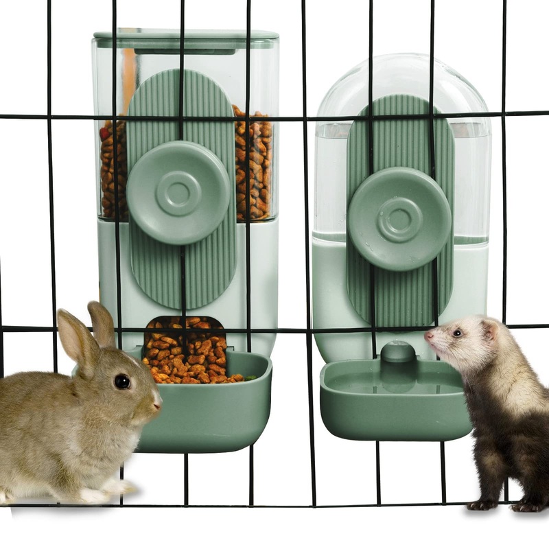 Hanging Automatic Food Water Dispenser,Gravity Rabbit Feeder Water Dispenser Set,Cage Cat Water Dispenser,Food Bowl for Bunny Guinea Pig Ferret Water Dispenser (Cage Grid Spacing Over 1.2”) Green