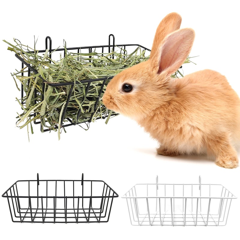 Rabbit Hay Feeder – 2Pcs Metal Rack Hay Holder for Guinea Pig Small Animals Grass Rack for Bunny Chinchilla Cage Reduce Mess 9x4x3 Inch 1 Black & 1 White