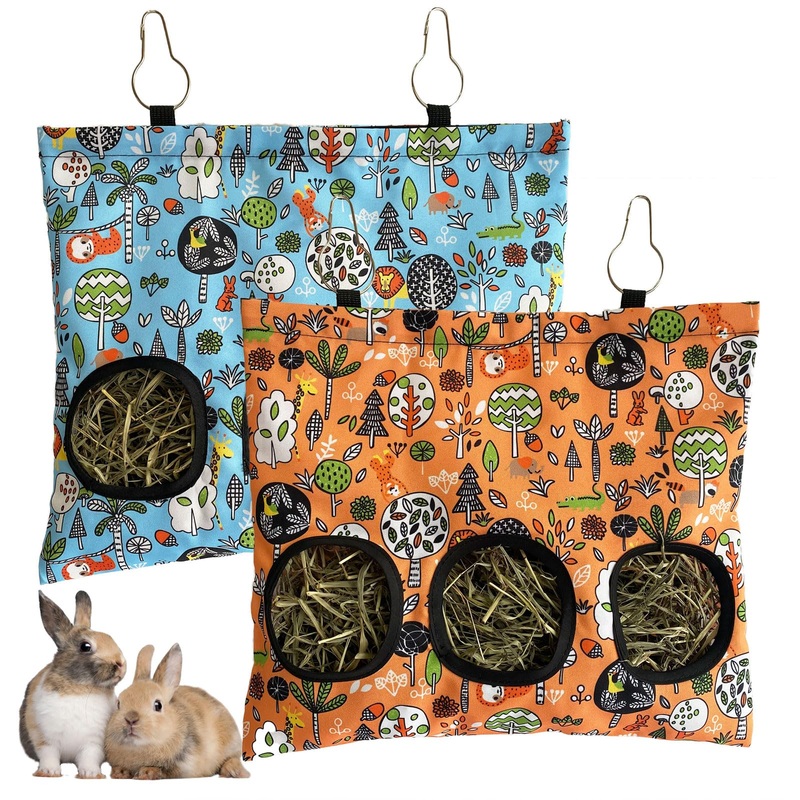 Rabbit Hay Feeder Bag, Guinea Pig Hay Feeder for Cage Small Animal Hanging Feeding Bags Rabbit Hay Dispenser Storage for Rabbits Guinea Pigs Bunnies Chinchillas (Orange,Light Blue, 3 Hole) Orange,Light Blue