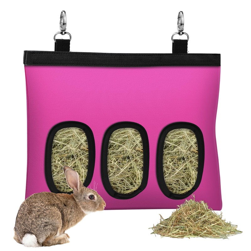 Rabbit Hay Feeder, Bunny Hay Bag for Rabbits,Rabbit Feeder Fabric Bag Feeder Storage Bag,3 Holes Large Capacity 600D Oxford Cloth Fabric Hanging Hay Feeder Bag for Small Animal,Hay Guinea Pig(Pink) 3 Holes 3 Holes-Pink