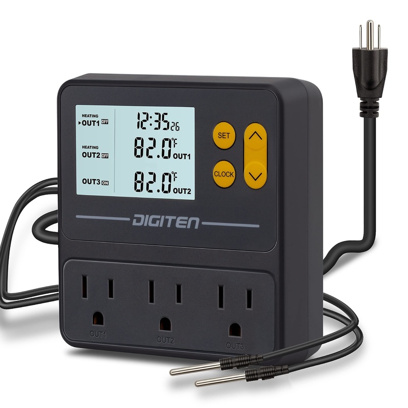 Reptile temperature controller with timer, day-night timer thermostat, 3 outlet timer Thermostat for grow tent, incubation, snakes, fish tank, heater, humidifiers, ball pythons, bearded dragon tank