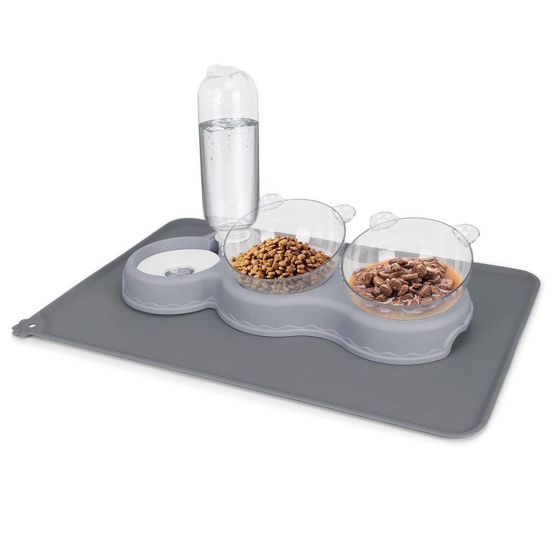 Triple Cat Bowls for Food and Water, YECERCAN Plastic Raised Cat Food Bowls with Automatic Water Bottle & Waterproof Mat for Cat/Small Dogs, 3 in 1 Pet Feeder for Wet/Dry Food Dark Gray