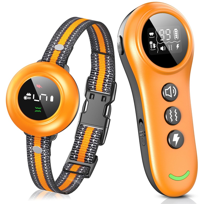 2-in-1 Dog Shock Collar & Dog Bark Collar – Smart Anti Barking Dog Training Collar with 5 Adjustable Sensitivity & 3300FT Remote for All Breeds IP67 Waterproof Rechargeable E-Collar (Orange) Orange