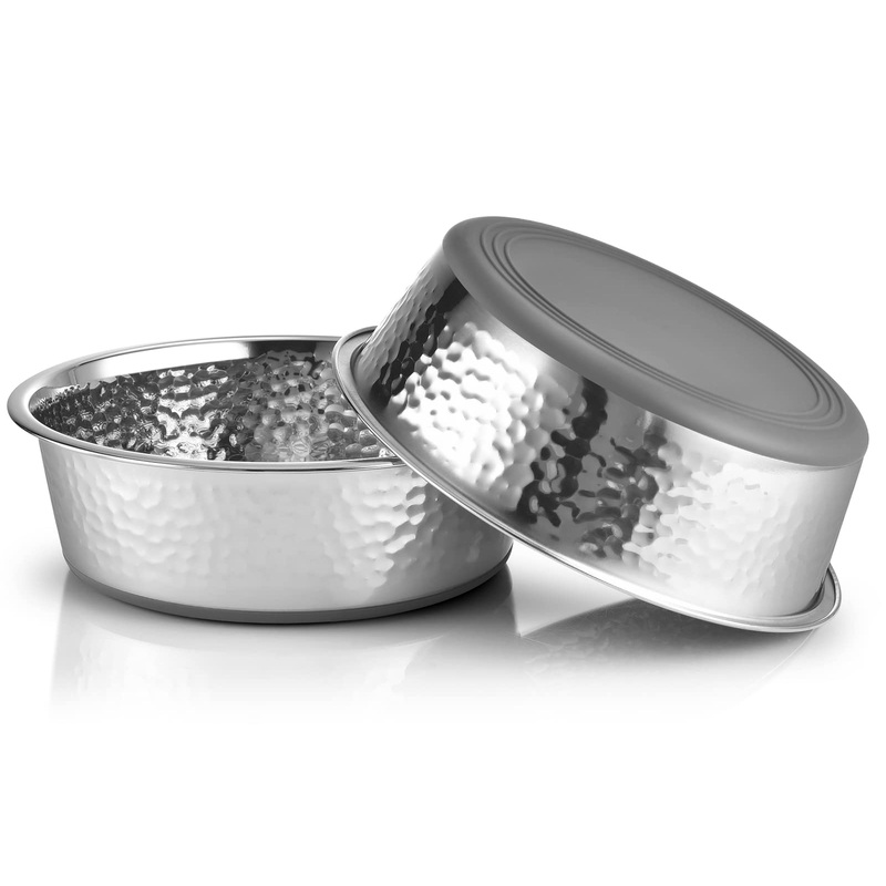 2 Pack Hammered Stainless Steel Dog Bowls, Premium Metal Dog Bowls with Non Slip Rubber Bottom, Dishwasher Safe, Easy to Clean, 4 Cup, Gray Bottom 4-Cup Hammered, Gray