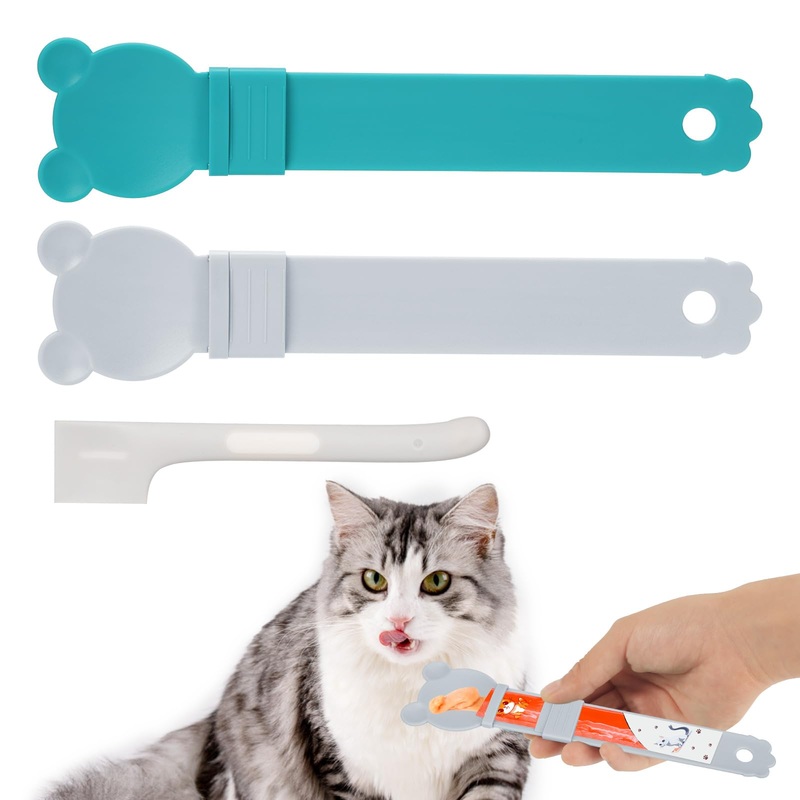 2pcs Cat Strip Automatic Feeders, Cat Squeeze Spoon Kitten Lickable Wet Food Snack Dispenser Versatile Cat Puree Spoon Innovative Cat Snack Strip Spoon for Dogs and Cats(Blue, Gray)