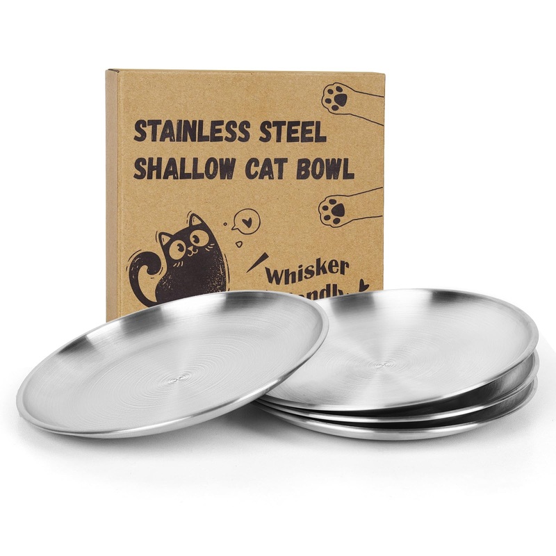 4 Pcs Wide Whisker Friendly Cat Dishes Set 6.7″, Stainless Steel Cats Bowls, Shallow Food Bowl, Indoor Kitten Feeding Wet & Dry Food Dish to Prevent Whisker Fatigue(13 OZ) 4 Dishes