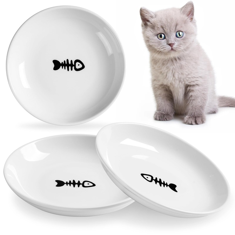 5.9 inch Ceramic Cat Bowls,Wide Shallow Cat Dishes,Whisker-Friendly Cat Plates,Cat Food and Water Bowl for Indoor Cats,-10 oz,3 Pack Dishpack of 3