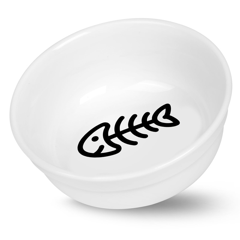 5″ Ceramic Cat Bowl with Fish Bone Pattern, Cat Food Bowl for Food and Water, Healthy Cat Dishes for Indoor Cats and Small Dog, Dishwasher Safe & Microwaveable – White