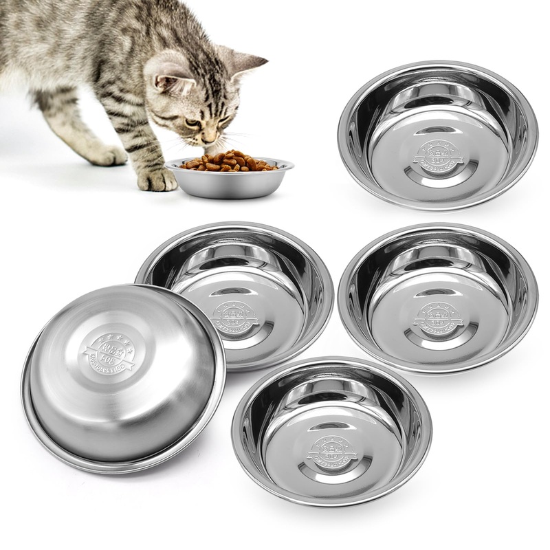 5 PCS Cat Bowls Whisker Friendly, Shallow Wide Flat Cat Food Bowls Stainless Steel,Metal Cat Dishes Whisker Fatigue Relief,Replacement Basic Cat Plates for Elevated Stand,Dishwasher Safe Set of 5