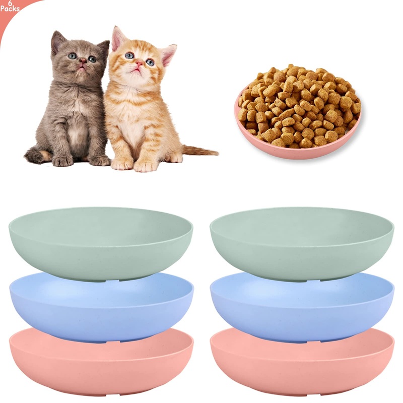 6-Pieces Whisker Fatigue Cat Bowl – 5.5 Inch Shallow Cat Food Dish Wide Cat Wet Feeding Bowls, PET Plate for Kittens and Short Legged Cat, Wheat Straw