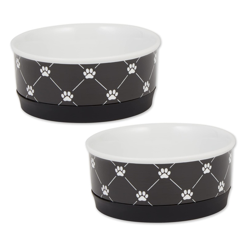 Bone Dry Trellis Paw Print Pet Bowl Set Microwave & Dishwasher Safe, Non-Slip Silicone Bottom for Less Mess, Small 4.25×2, Black, 2 Count Small Set, 4.25×2″