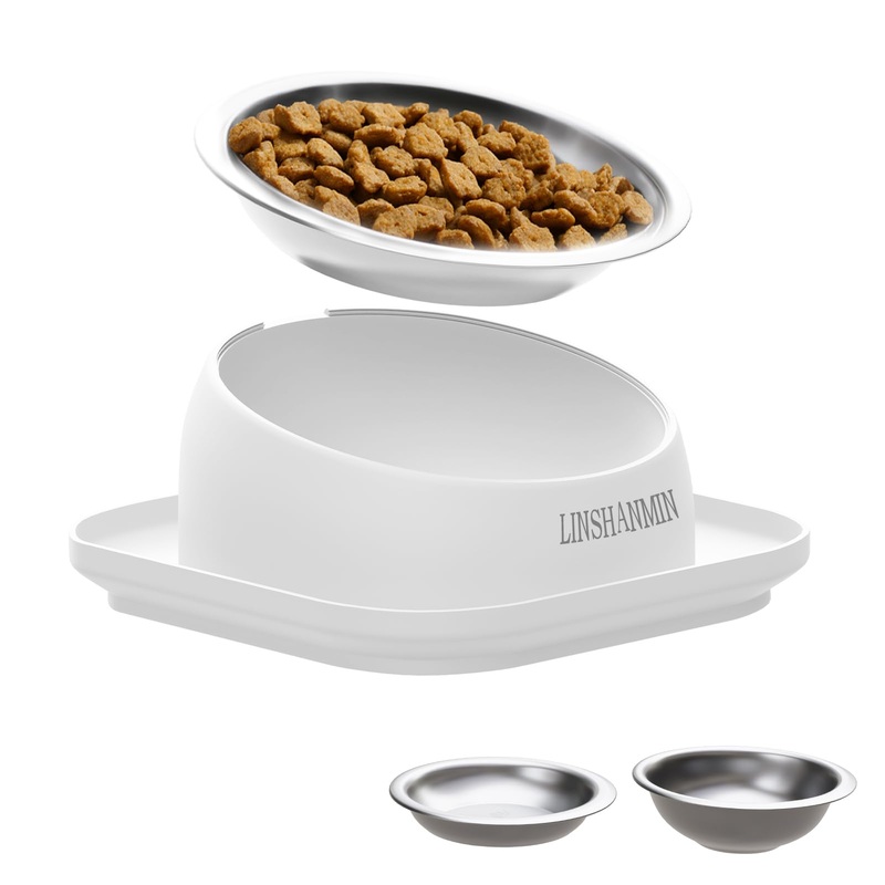 Cat Bowls Elevated Tilted Whisker Friendly, Cat Food Bowls for Indoor Cats, Shallow Cat Food Dishes Stainless Steel, Slanted Flat Plastic Feeder Elevated Angled Design.(White) White