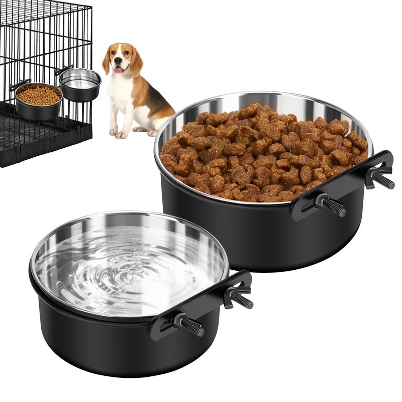 Dog Crate Water Bowl No Spill, 2 Pack Dog Crate Bowls Hanging, Kennel Water Food Bowls Mountable, Pet Cage Accessories Feeder Dish, Stainless Steel Coop Cup for Cat Puppy Bunny Guinea Pig Ferret Bird M(6.3*2.6” & 5.5*2.4”) Black