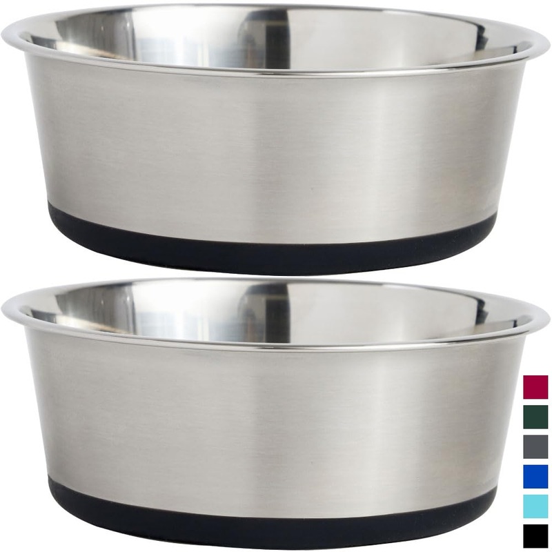 Gorilla Grip Stainless Steel Metal Dog Bowl Set of 2, Rubber Base, Heavy Duty, Rust Resistant, Food Grade BPA Free, Less Sliding, Quiet Pet Bowls for Cats and Dogs, Holds 2 Cups (16 fl oz), Black 2 Cup