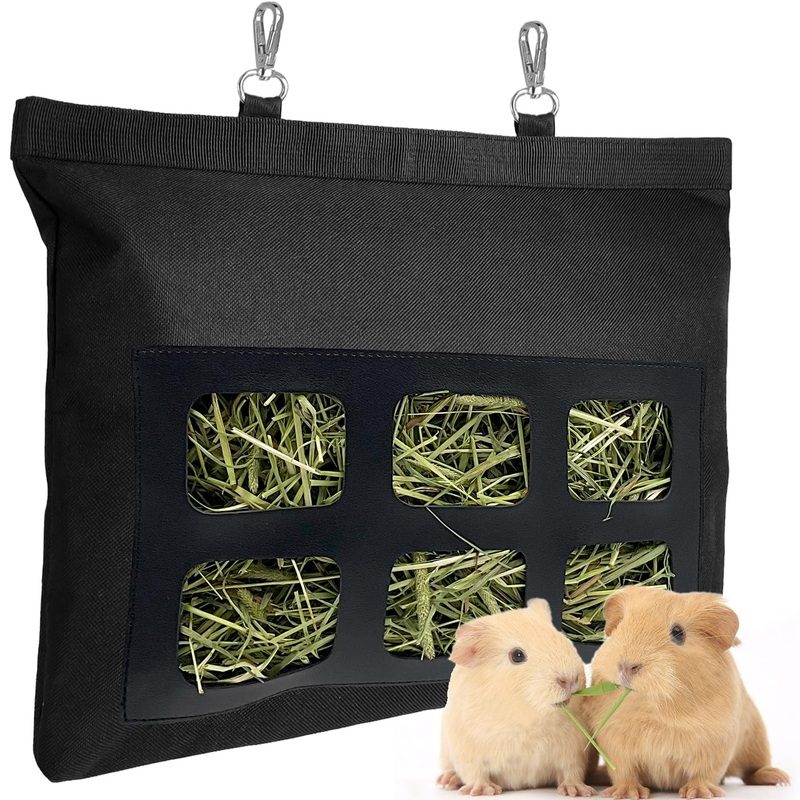 Rabbit Hay Feeder Bag, Upgraded Bunny Hay Bag, 6 Holes 600D Oxford Fabric Hay Holder Bag for Small Animal Guinea Pig Chinchilla Rabbit Cage by Rayfarmo,(Black) M-11″x13.8″ Black-6h