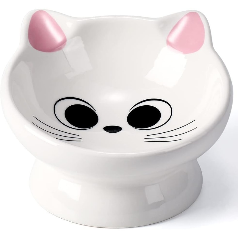 Raised Cat Food Bowl Ceramic 15 Tilted Cat Food Bowls Protect Cat’s Spine Anti Vomiting Backflow Prevention Cat Bowls for Adult Cats, Kitten, and Small Dogs, Pink Pink Ears