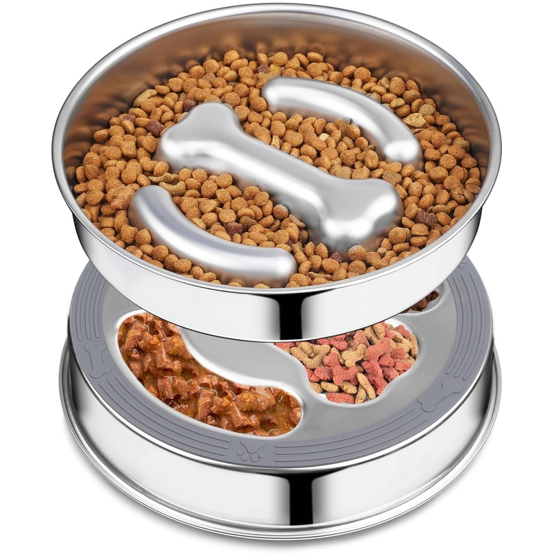 Small Dog/Puppy Slow Feeder, Stainless Steel Feeding Bowl with Unique Bone Design for Slower Eating Non-Slip Base