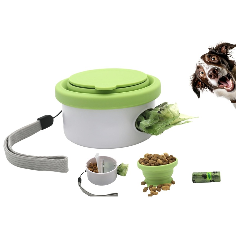 Travel Dog Bowls, 3 in 1 Design Dog Travel Feeding Bowl, Treat Container with Collapse Bowl&Dog Poop Bag Holder, Foldable Feeding Watering Dish for Traveling Camping Walking Parks, with 1 Poop Bag 1 Pack Green