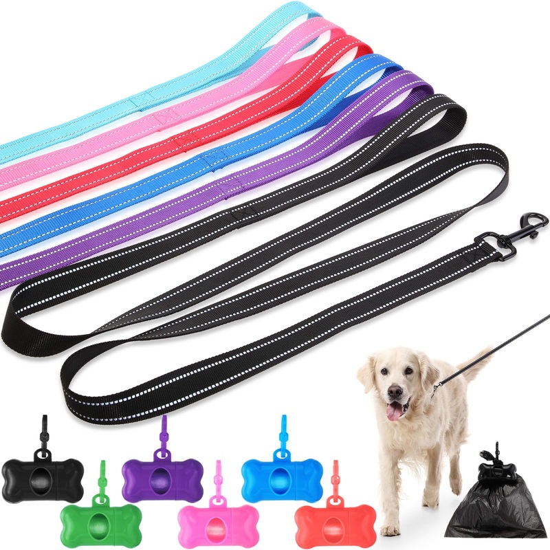 12 Pcs 6 ft Heavy Duty Dog Leash Bone Shaped Dog Poop Bags Holder Strong Reflective Rope for Night Pet Walking Small Medium Large Dogs Puppy Training Leashes, Rotating Metal Clip