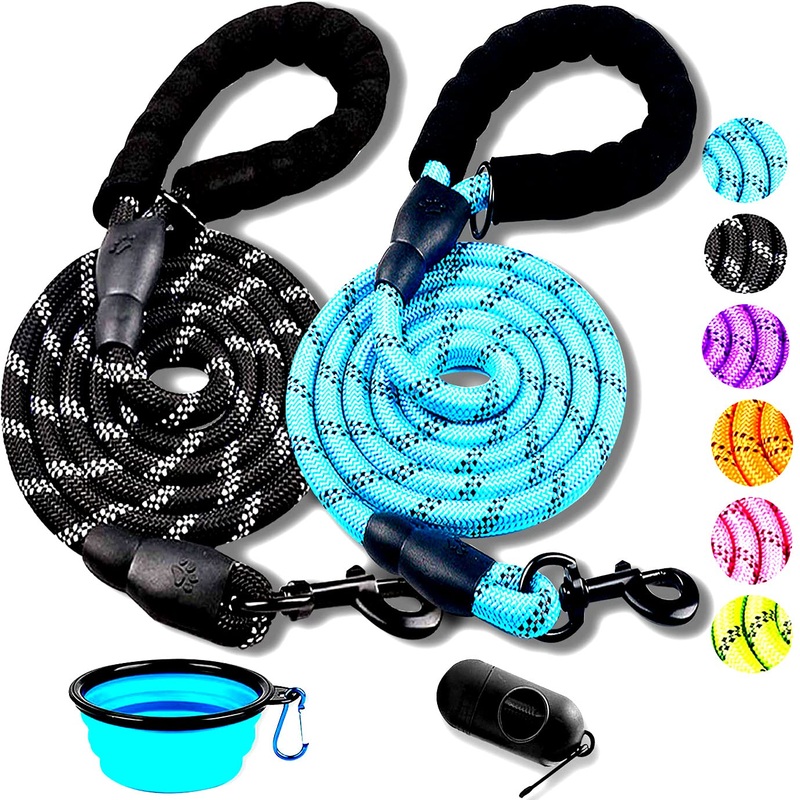 2 Pack Dog Leash 6 FT Thick Durable Nylon Rope – Comfortable Padded Handle Reflective Rope Dog Leash for Medium Large Dogs with Collapsible Pet Bowl and Garbage Bags (6FT-Blue + Black) 1/2″x 6 FT (18~120 lbs.) Set 01- Black+Blue