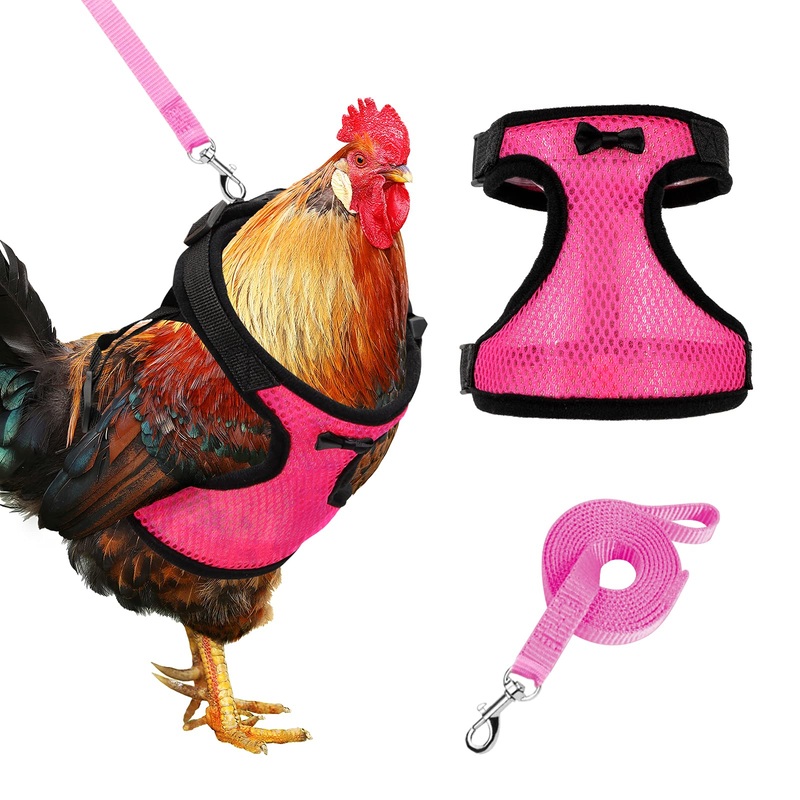 Adhafera Chicken Harness with Leash, Upgraded Double Adjustment Chicken Harness and Leash Set for Hens, Duck, Goose, Small Pet (Pink, L) Pink